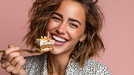Portrait of a happy young woman eating cake isolated over pink backgroundの素材