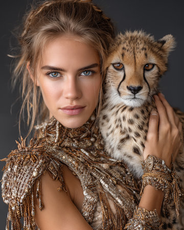 Portrait of a beautiful young woman with a cheetah cubの素材
