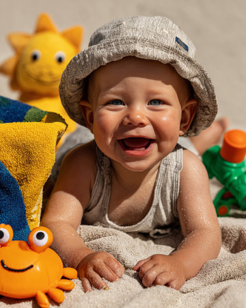 Portrait of a cute smiling baby boy playing with toys on the beachの素材