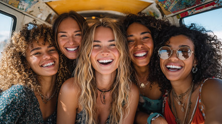 Group of happy friends having fun on a road trip - Multiethnic group of young people having fun on a road tripの素材