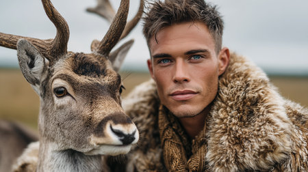 Portrait of a handsome young man in winter coat with deer.の素材