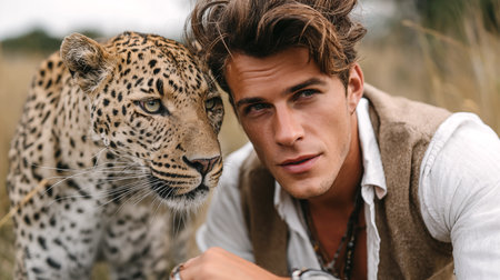 Portrait of handsome young man with leopard in the field.の素材