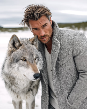 Portrait of a handsome man in winter coat and gray wolf.の素材