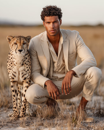 Handsome african american man with cheetah in the fieldの素材