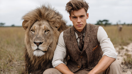 Portrait of handsome young man in safari outfit sitting with lionの素材