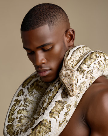 Young african american man with python snake on his body.の素材