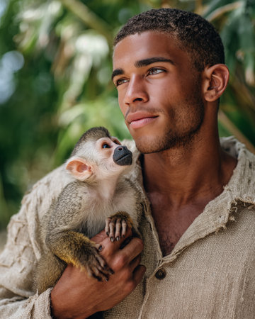 Close-up portrait of a young african american man holding a monkey in his armsの素材