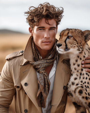 Man with cheetah. Handsome young man holding cheetah and looking at camera while standing outdoorsの素材