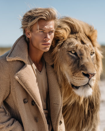 fashionable young man with long blonde hair in coat and coat posing with lion on beachの素材