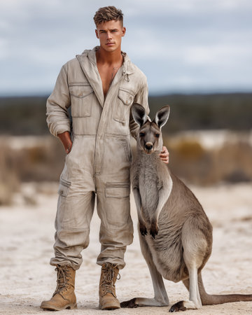 Full length portrait of a young male kangaroo with a joeyの素材