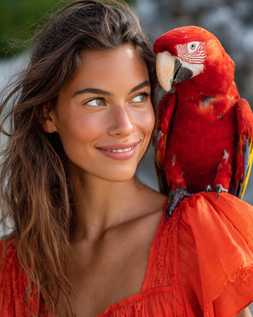 Portrait of a beautiful young brunette woman with red parrotの素材