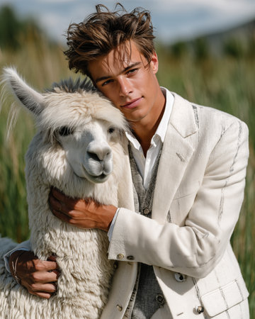 Young handsome man with alpaca in the field. outdoor portraitの素材