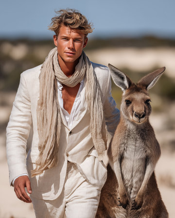 Stylish young man with kangaroo on the beach in Australiaの素材