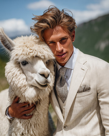 Portrait of a young man with alpaca in the mountainsの素材