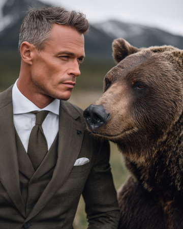 portrait of stylish man in suit and tie with big brown bear in fieldの素材