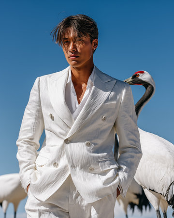 Portrait of a handsome young asian man in white suit and red-crowned craneの素材