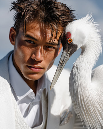 Portrait of a handsome young man in a white suit with a large white craneの素材