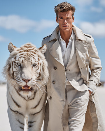 stylish young man in trench coat with white tiger on the beachの素材