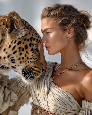Beautiful young woman with leopard on the beach. Luxury fashion.の素材