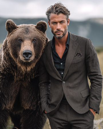 Handsome young man with a grizzly bear in the fieldの素材