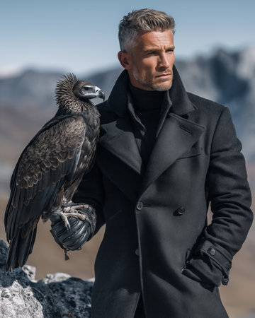 Handsome man in black coat holding a falcon on the rockの素材