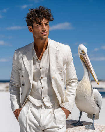 Portrait of a young man with a pelican on the beachの素材