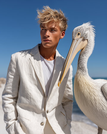 fashionable young man with a white pelican on the seashoreの素材