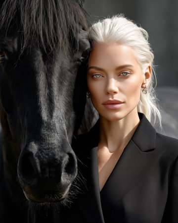 fashion outdoor photo of gorgeous woman with blonde hair in elegant clothes posing with black horseの素材