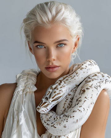 fashion interior photo of gorgeous sensual woman with blonde hair in elegant clothes posing with pythonの素材