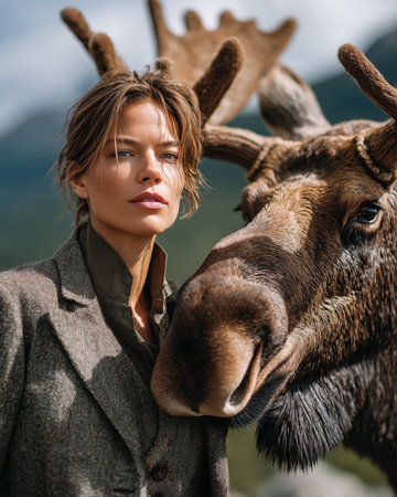 Portrait of a beautiful young woman in a coat and deer antlers.の素材