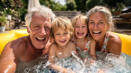 Portrait of happy family having fun in swimming pool on a sunny dayの素材