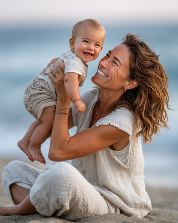 Portrait of a happy young mother with her baby on the beachの素材