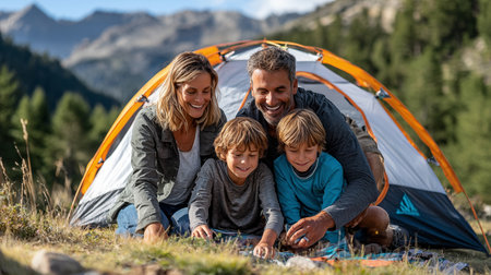 Portrait of a happy family setting up a tent in the natureの素材