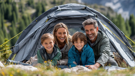 Portrait of a happy family sitting in their tent in the mountainsの素材