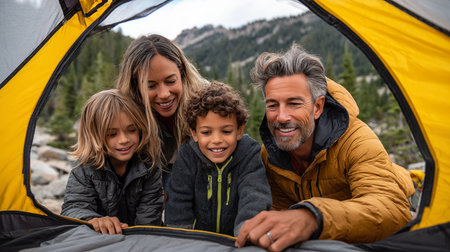Happy family camping in the mountains. They are looking at camera and smiling.の素材