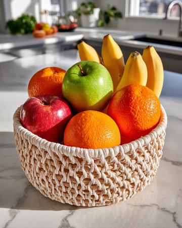 Basket of fresh fruits on white marble table in kitchen interior.の素材