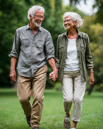 Senior couple walking in the park. They are holding hands and smiling.の素材