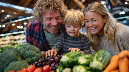 Portrait of happy family choosing vegetablesset counter at grocery storeの素材