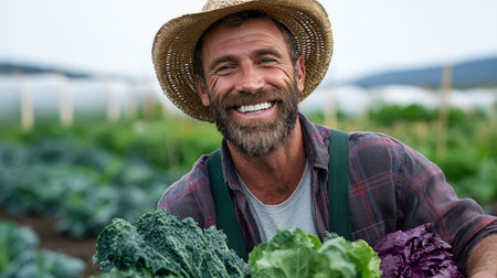 Portrait of smiling farmer standing in field with kale and other vegetablesの素材