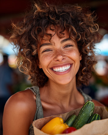 Portrait of smiling young woman with fresh vegetables on the market.の素材