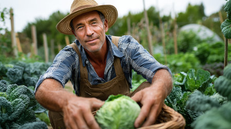 Portrait of mature man holding basket with fresh cabbage in vegetable gardenの素材