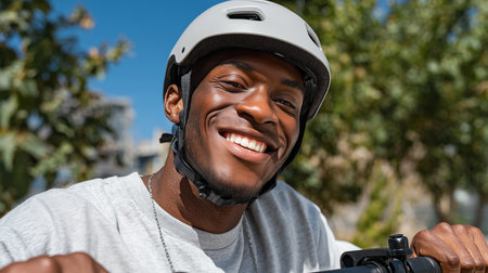 smiling african american man in helmet riding electric scooterの素材