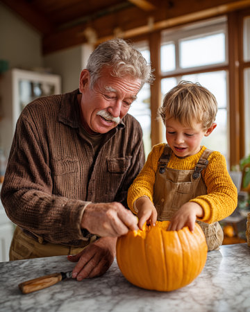 Senior man and his grandson carving pumpkin for halloween at homeの素材