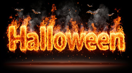 Halloween lettering on fire with flying bats. Vector illustration.の素材