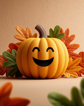 happy pumpkin with autumn leaves on brown background. 3d render illustrationの素材