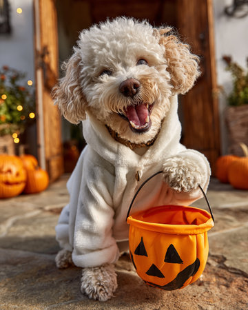 Cute poodle dog in halloween costume with bucket of pumpkin.の素材