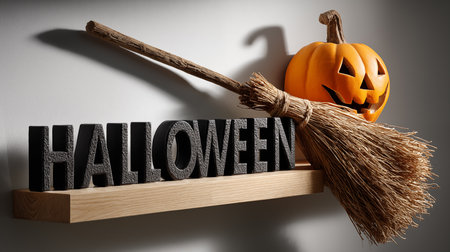 Halloween pumpkin and broom on a wooden shelf, 3d renderの素材