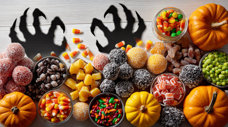 Assorted Halloween candies on wooden background. Top view, flat layの素材