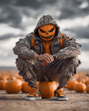 Halloween pumpkin scarecrow wearing hooded jacket and boots sitting on the groundの素材