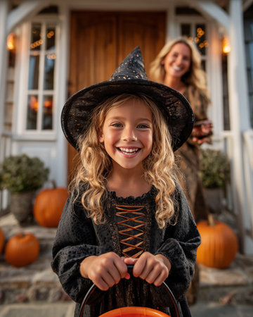 Portrait of smiling little girl in witch costume holding bucket in front of house decorated for Halloweenの素材
